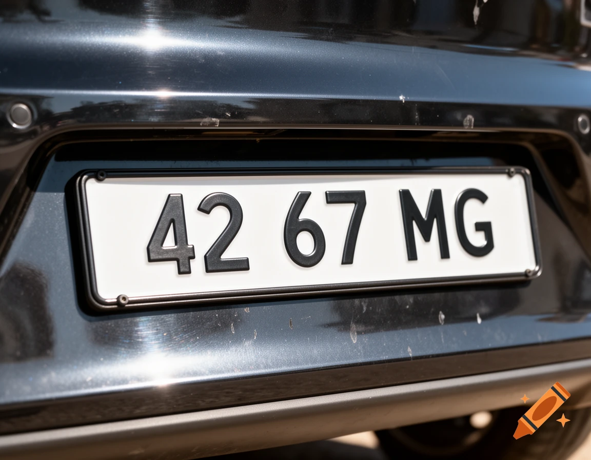 Close-up of a black car's rear bumper with a white license plate displaying '42 67 MG'.