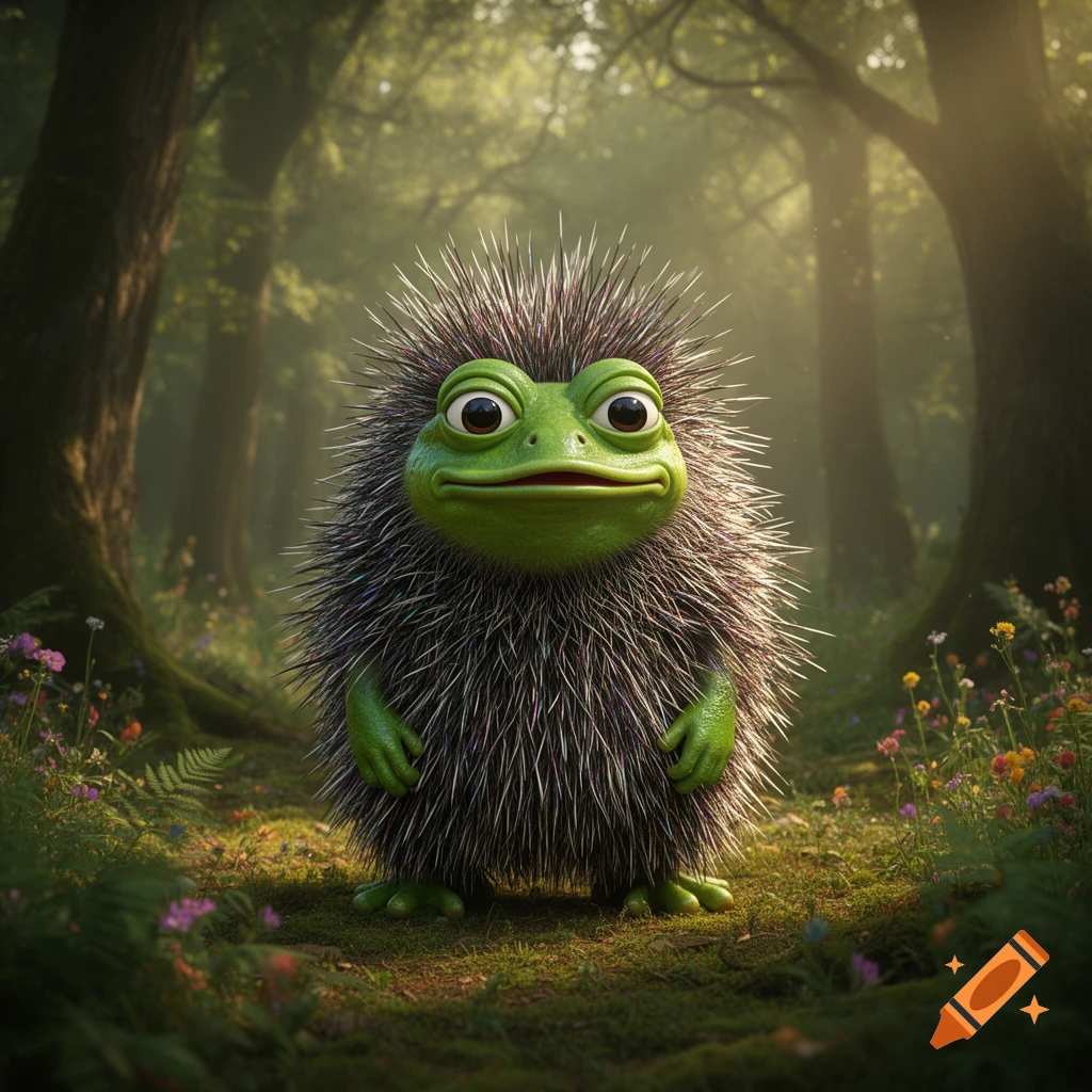 A cartoonish green frog-faced creature with a spiky, dark body stands in a sunlit forest.