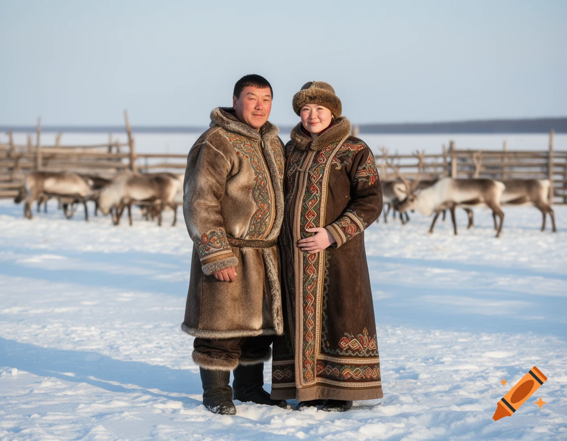 A Nenets man and a pregnant woman in elaborate traditional fur clothing stand in a snowy field with reindeer.