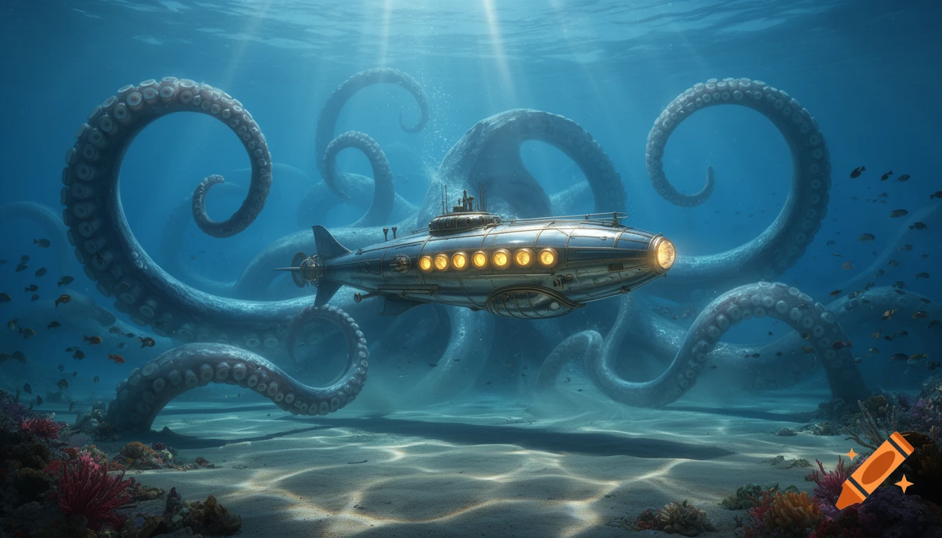 A photorealistic rendering of Captain Nemo's Nautilus submarine surrounded by giant Kraken tentacles in a vibrant deep-sea scene.