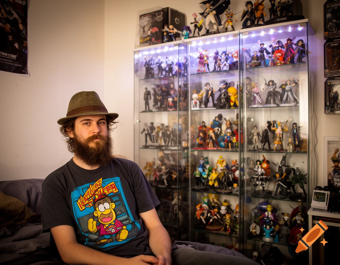A man with a beard and a hat sits on a couch in a room with illuminated display cases packed with anime and pop culture figurines behind him.