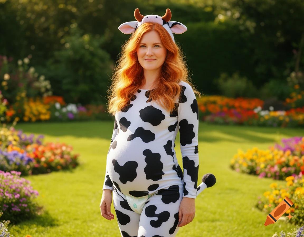 A smiling pregnant woman with long red hair wears a cow costume and cow-ear headband, standing in a sunny garden with colorful flowers.