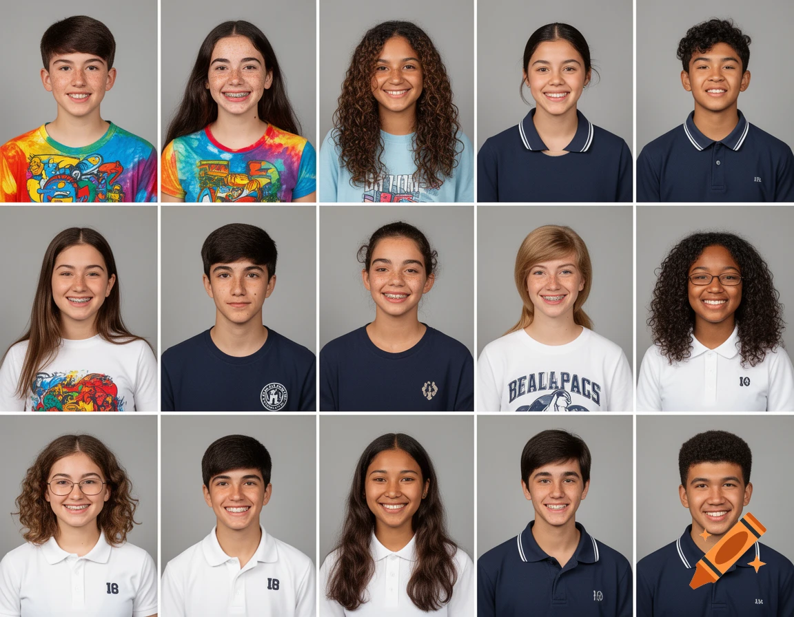 A grid of 15 smiling, diverse teenagers in photorealistic headshots against a grey background.