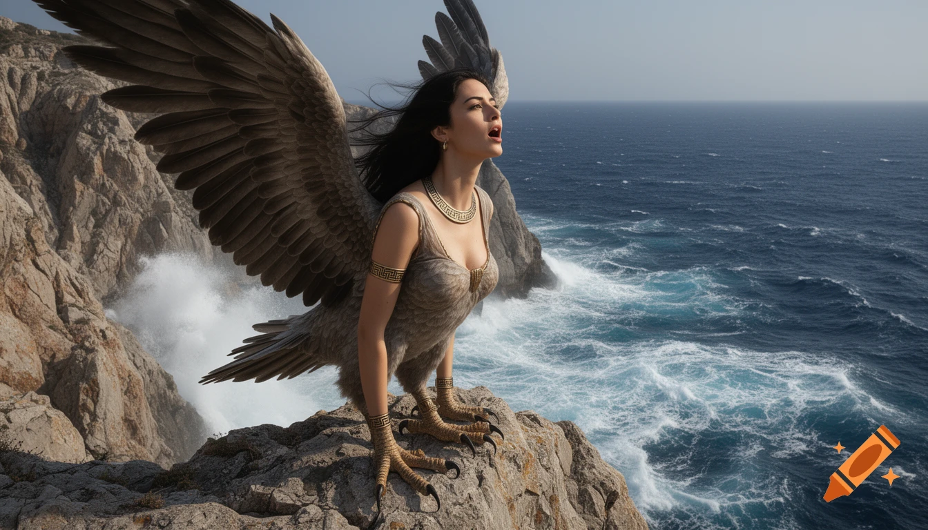 Ultra-realistic siren, half-woman half-bird, with large wings, perched on a rugged cliff overlooking a blue ocean, singing.