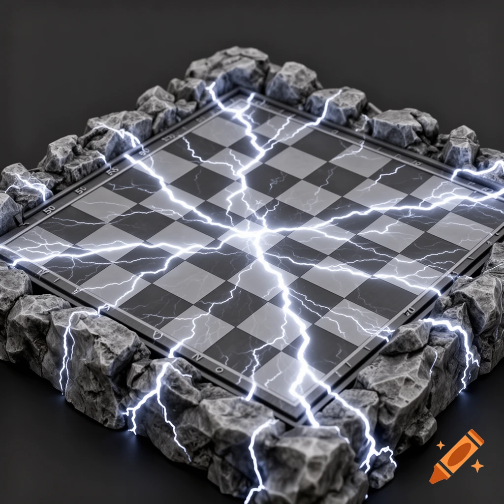 A dark chessboard surrounded by jagged rocks, with white lightning bolts crisscrossing both the board and the rocky border.