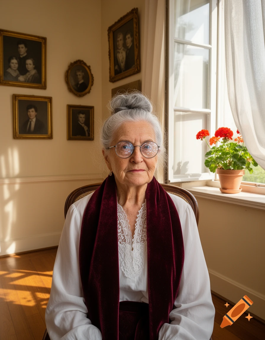 An elderly woman with gray hair and glasses sits in a sunlit room with framed portraits and a potted red geranium by a window.