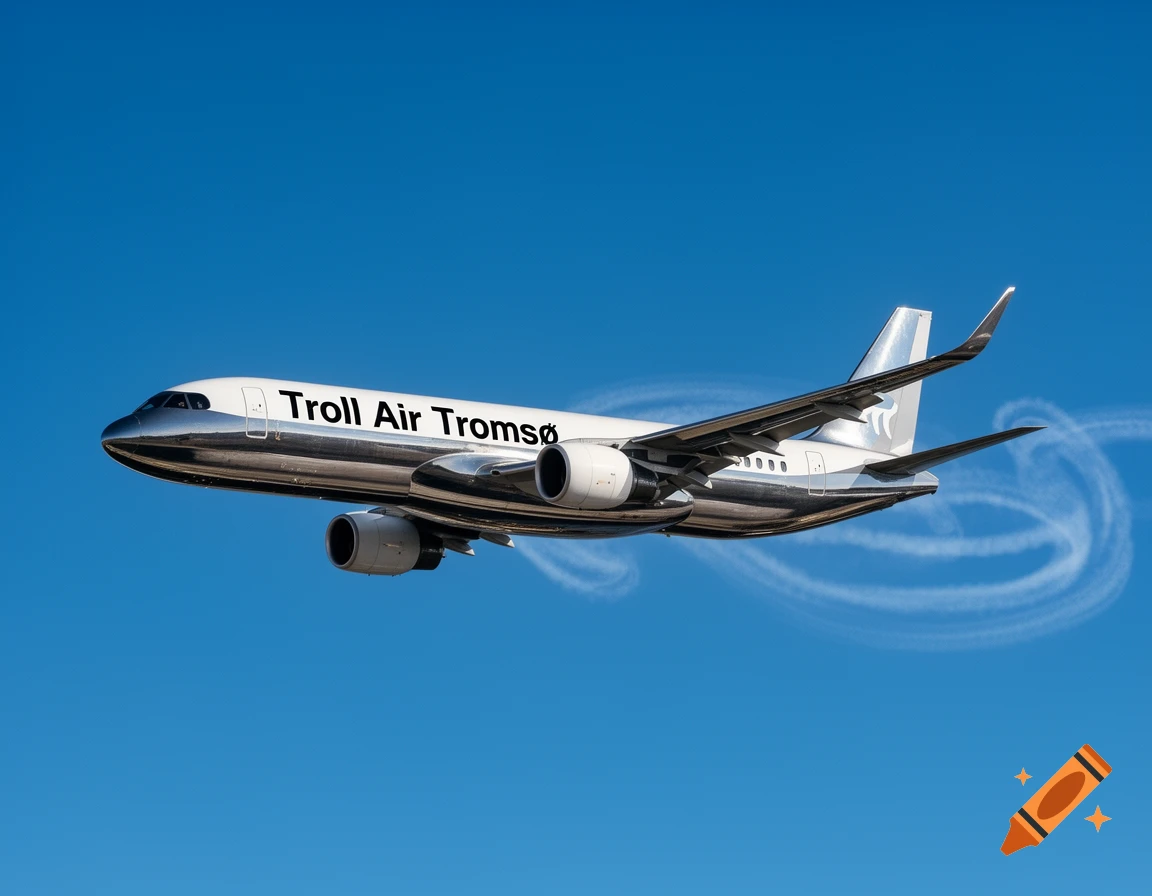 A shiny silver and white airplane with 'Troll Air Tromsø' on its side flies in a clear blue sky, leaving contrails.
