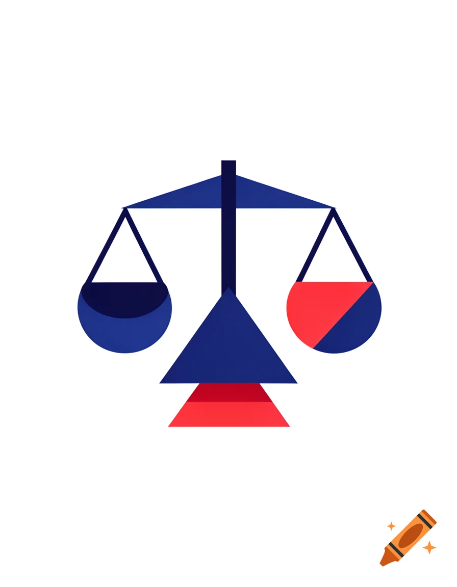 A stylized balance scale made of dark blue and red geometric shapes on a white background.