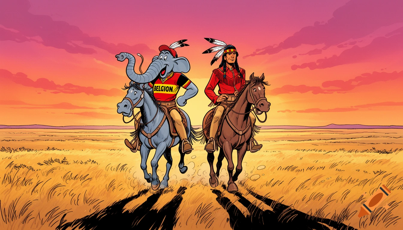 A comic-style image of a grey elephant in a red and black jersey and an indigenous man in a red shirt, both riding horses across a golden field at sunset.