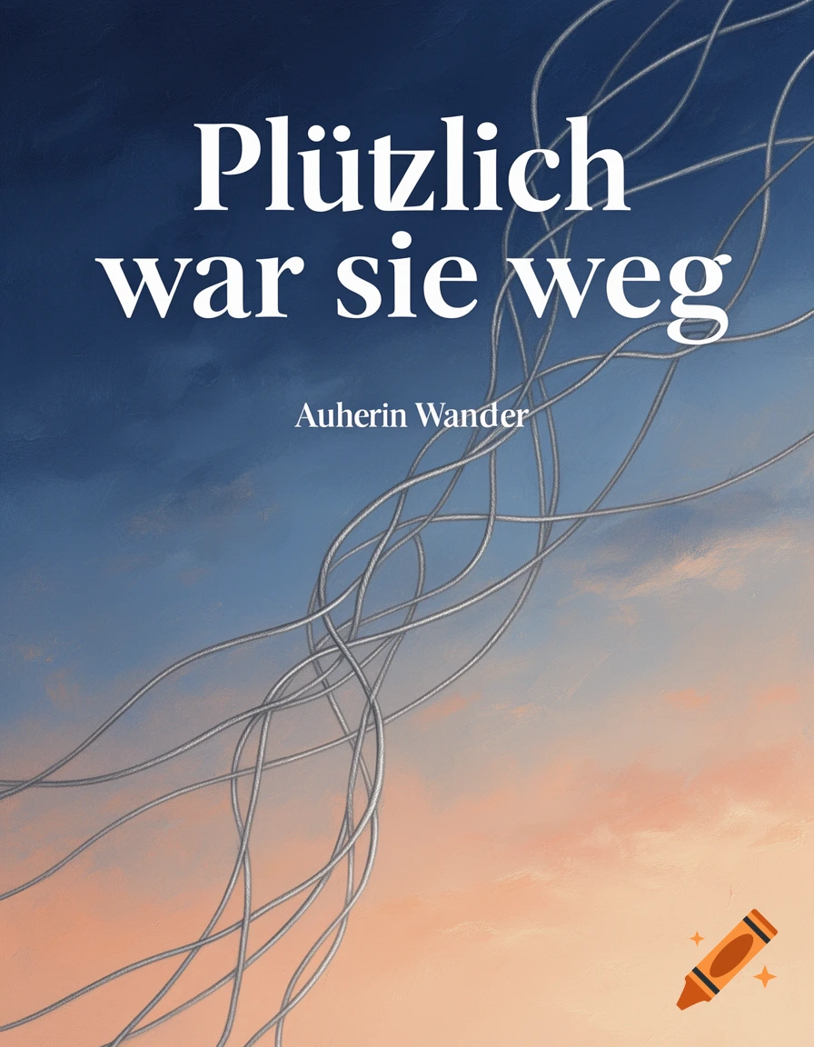 A book cover with a blue and orange sky background and intertwining gray lines, featuring the title 'Plötzlich war sie weg'.