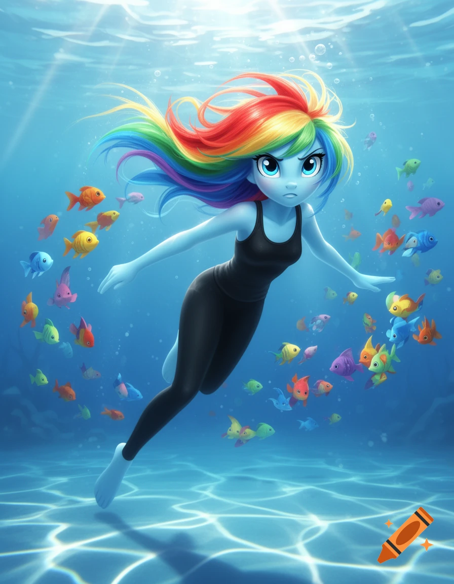 Rainbow Dash from Equestria Girls swims underwater in a black tank top and leggings, surrounded by colorful fish.