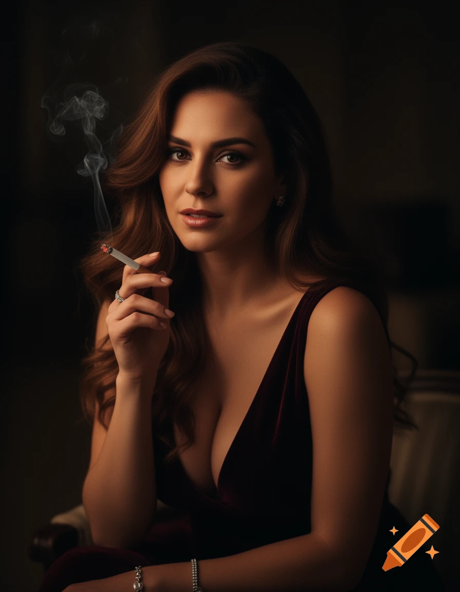 A sophisticated woman with long brown hair, wearing a deep red velvet dress, smoking a cigarette, looking directly at the viewer.