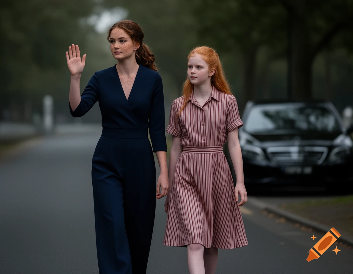 Two sisters, one in a navy jumpsuit waving, the other in a striped dress, walk on a quiet roadside with a black car blurred behind them.