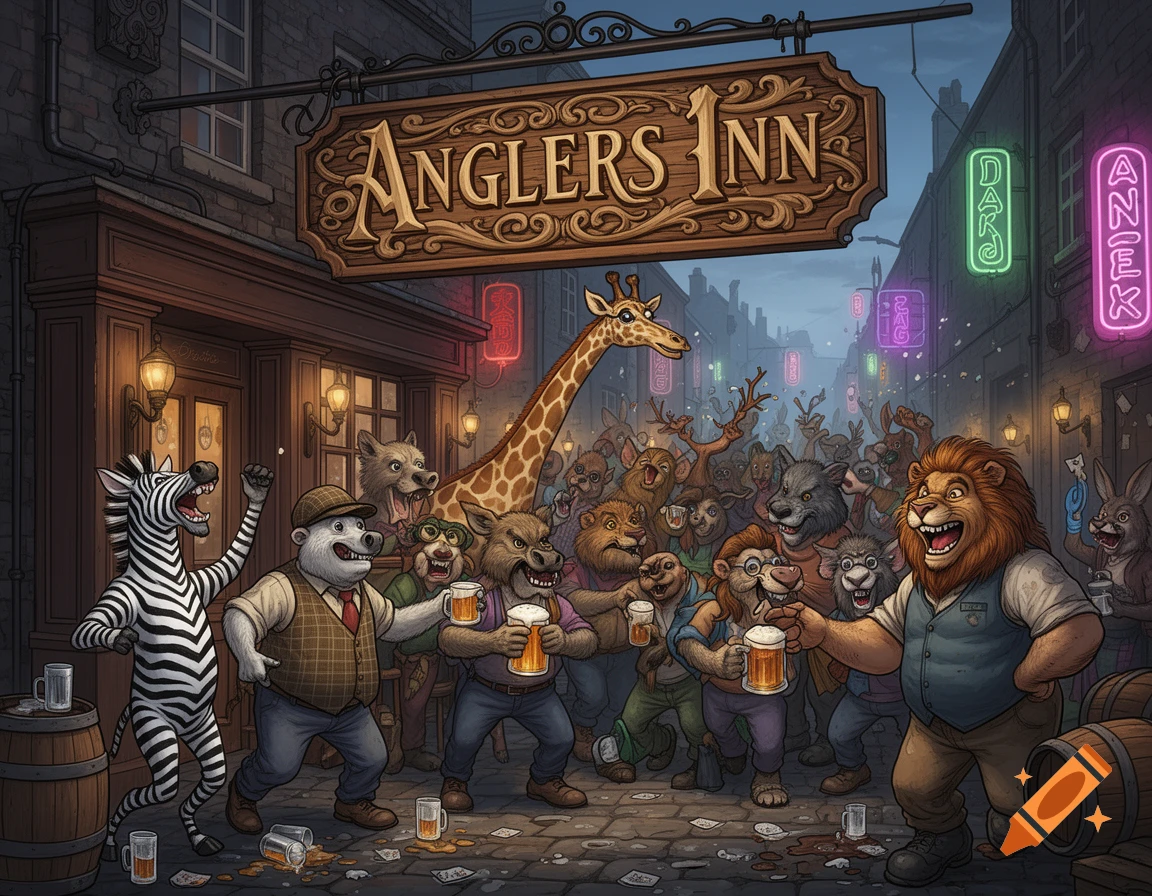 Cartoon illustration of a chaotic pub scene with anthropomorphic animals, including a lion, bear, zebra, and giraffe, drinking and celebrating outside "Anglers Inn" under neon lights.