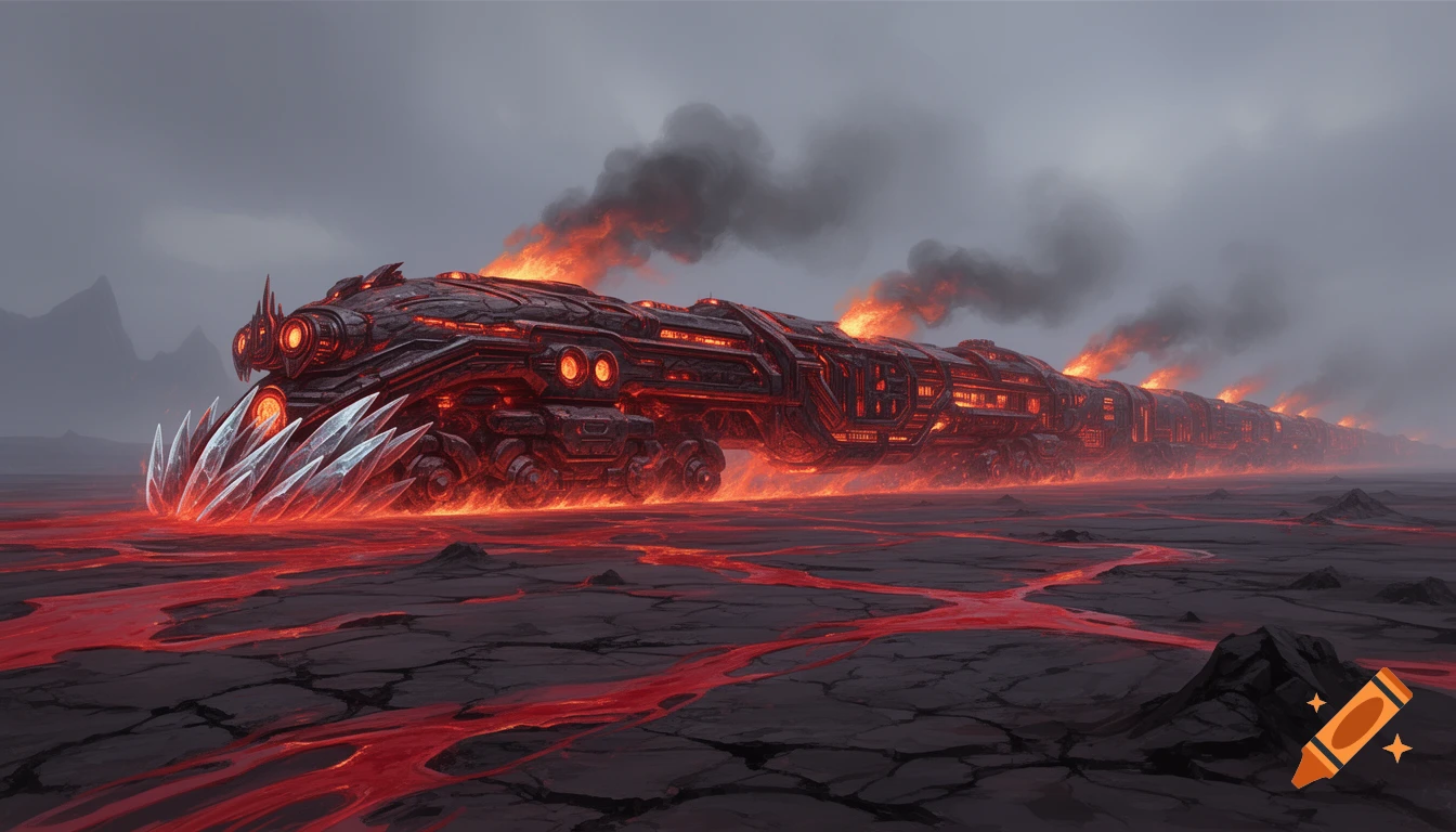 A dark, futuristic land-train with glowing red elements and sharp crystal blades on its front, traversing a cracked landscape with flowing lava under a grey sky.