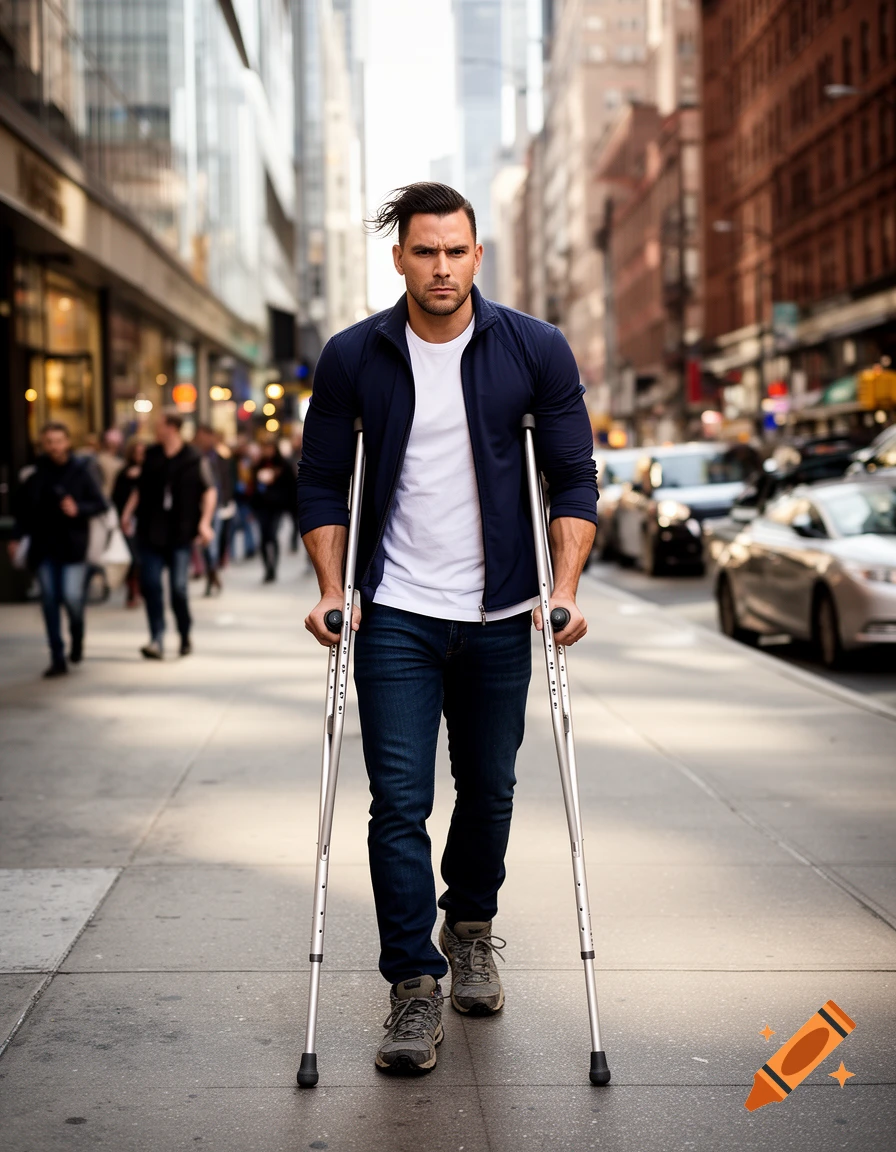 A determined man walks on crutches down a busy city street, surrounded by tall buildings and blurred pedestrians.