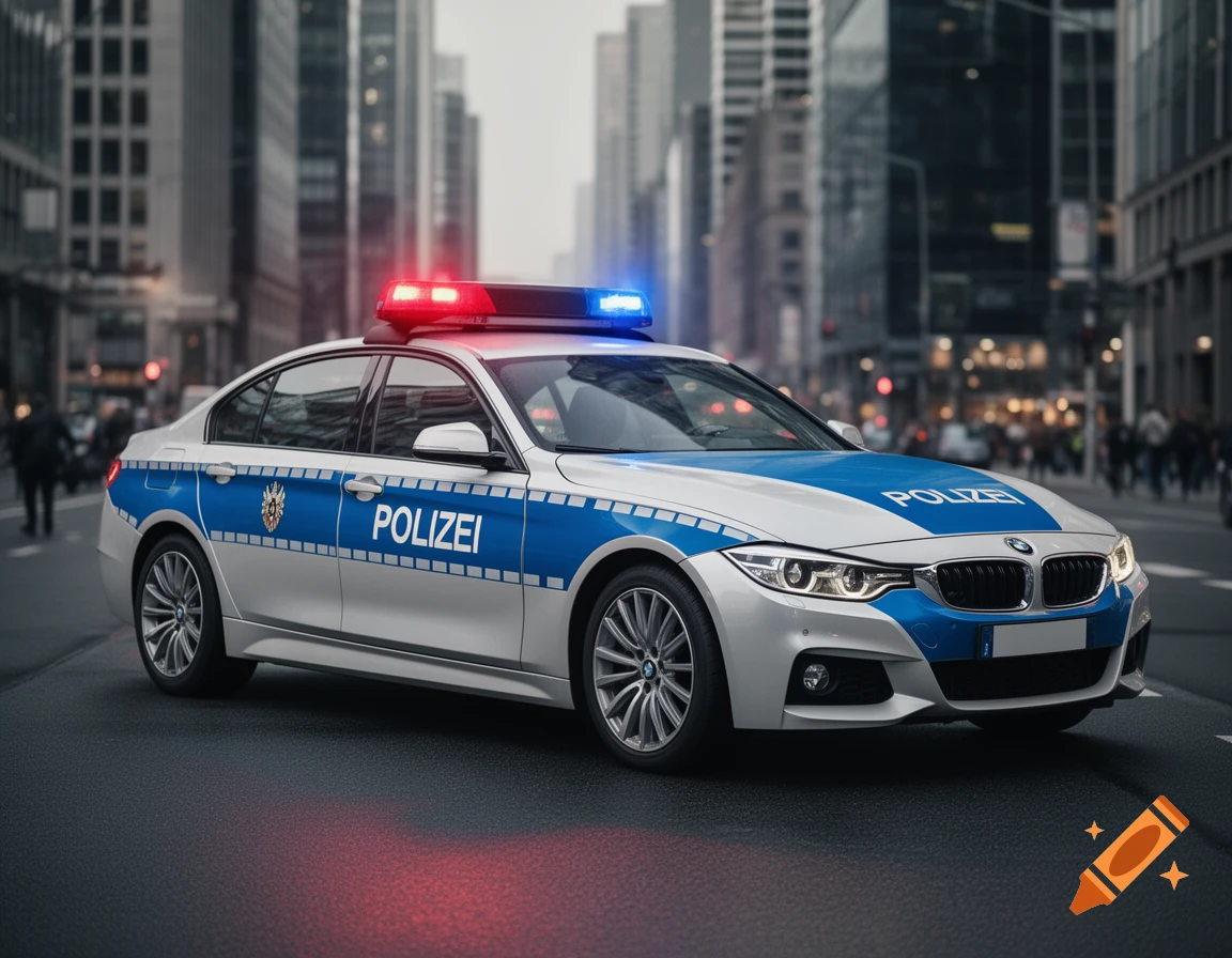A white and blue German police car with flashing red and blue lights is parked on a city street with tall buildings in the background.