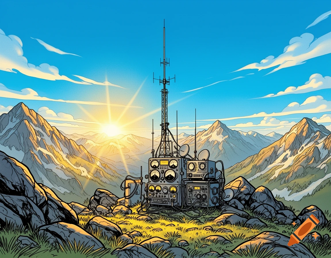 Comic book style art of a radio amateur station in high mountains with an antenna, radio equipment, a blue sky, and sun.