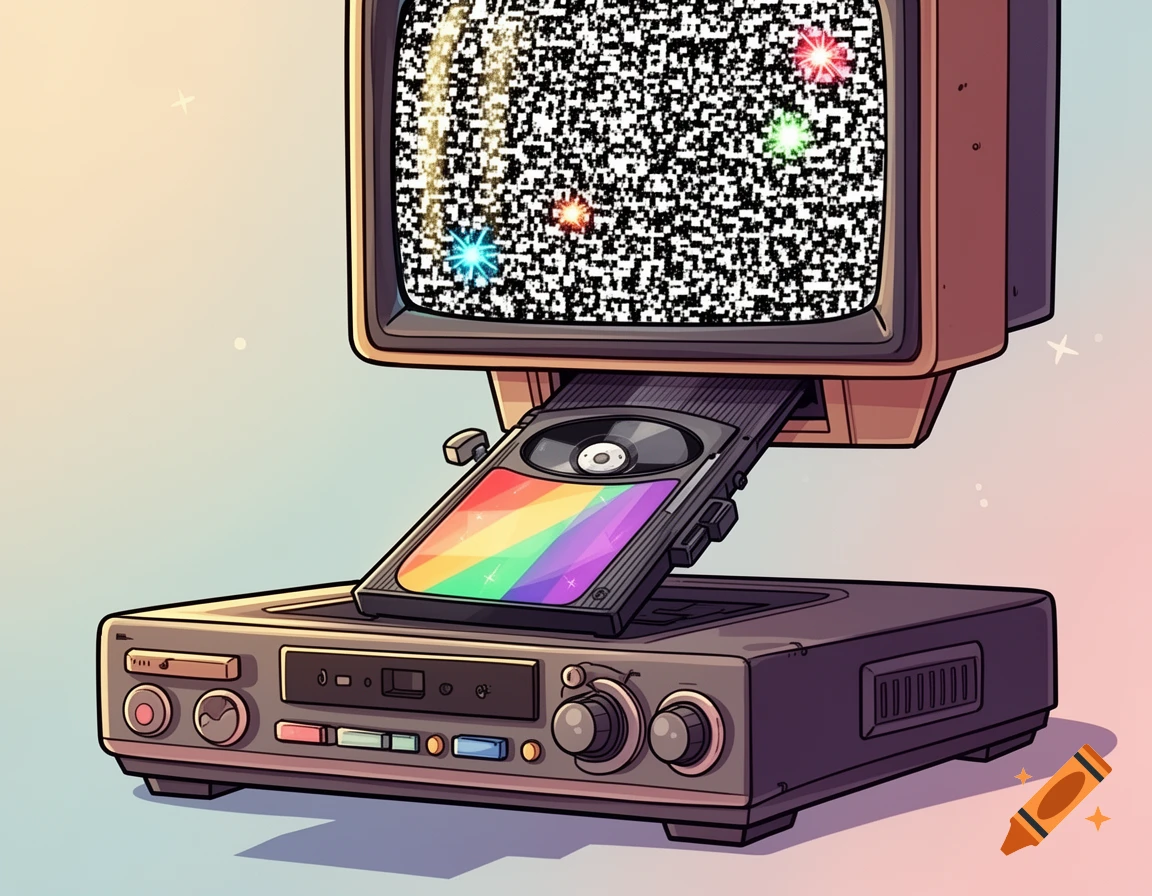 Cartoon of a rainbow VHS tape being inserted into a retro VHS player with a TV on top displaying static.