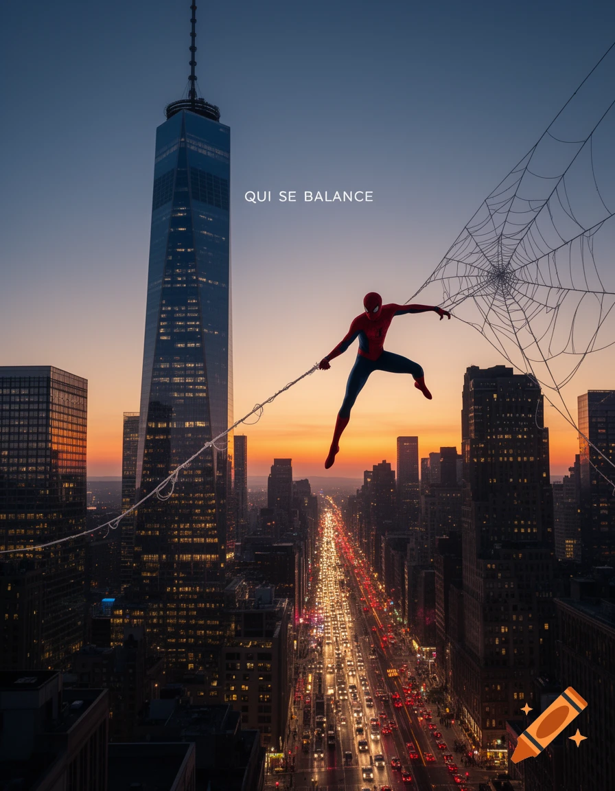 Photorealistic Spiderman swings on a web over a bustling city street during sunset, with a tall skyscraper in the background.