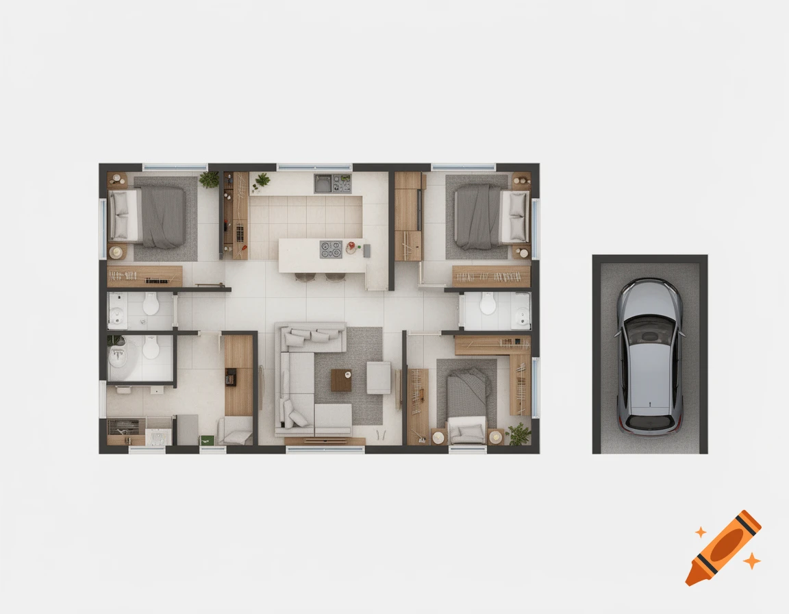 Top-down view of a modern bungalow floor plan with three bedrooms, two bathrooms, an open kitchen, living area, and a separate garage with a car.