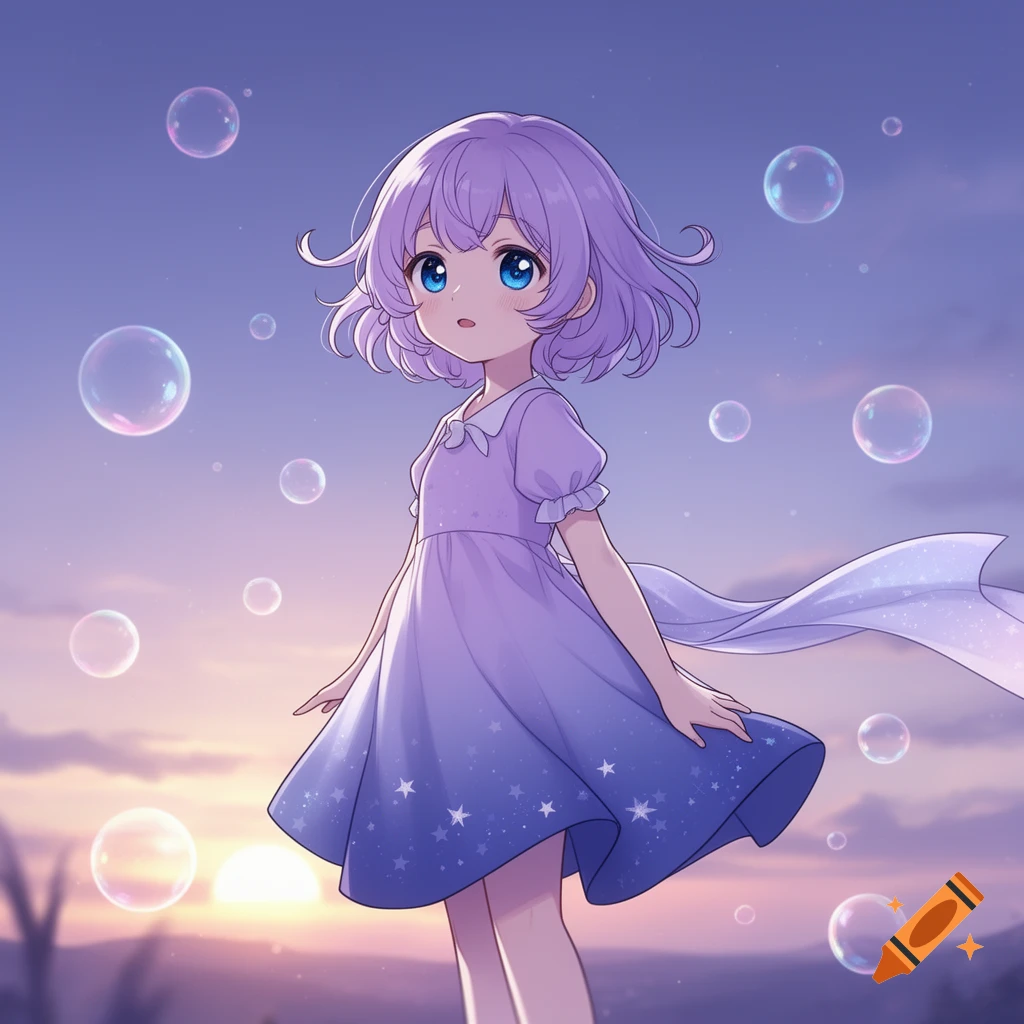 Anime girl with short purple hair and blue eyes in a starry purple dress, surrounded by bubbles at sunset.