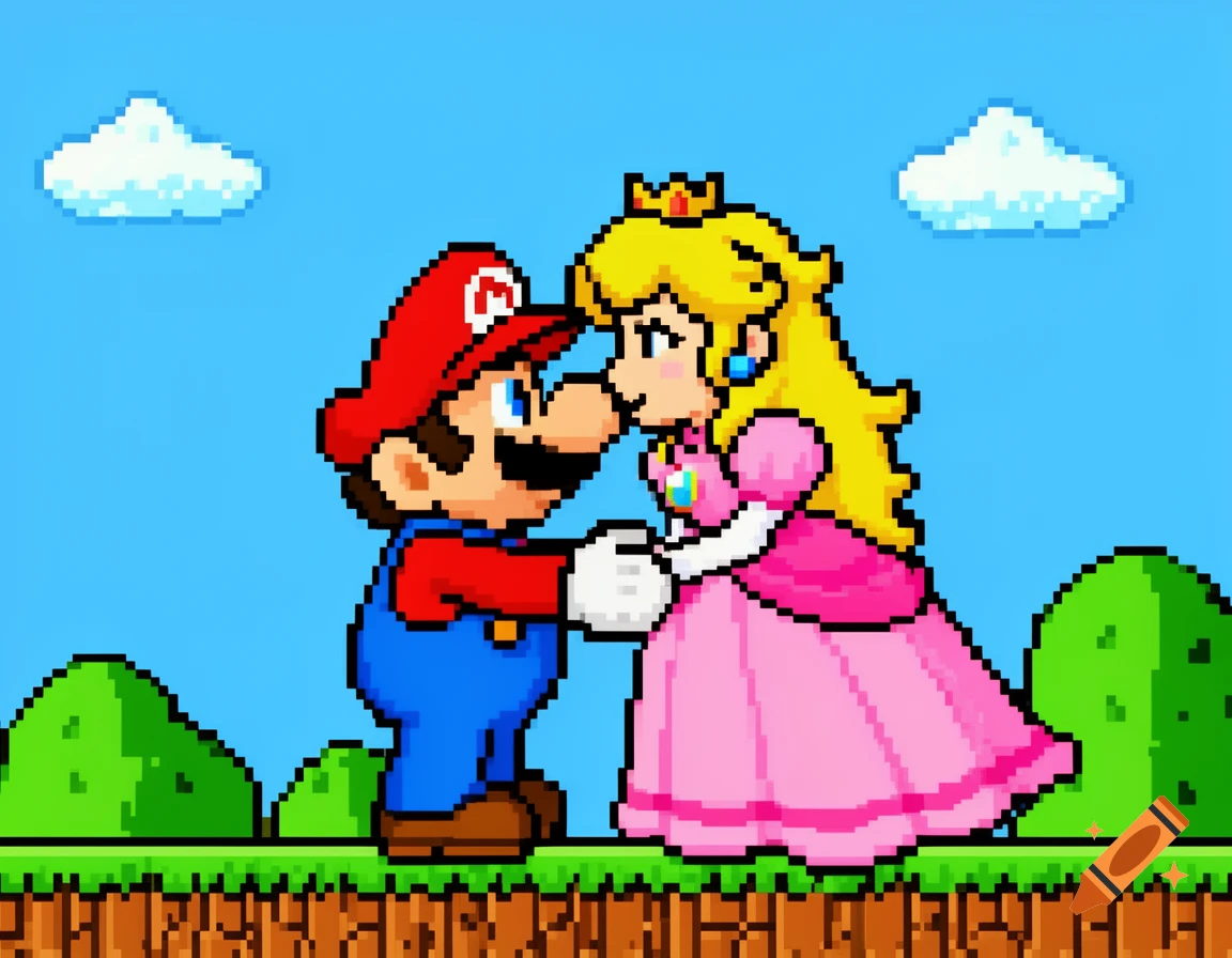 Pixel art of Mario and Princess Peach holding hands and leaning in for a kiss on a green landscape with clouds.