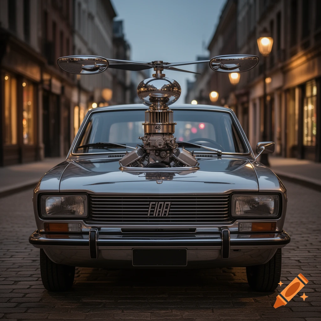 Photorealistic image of a grey car with an exposed engine and a chrome rotor with mirrors on its hood, parked on a cobblestone street at dusk.