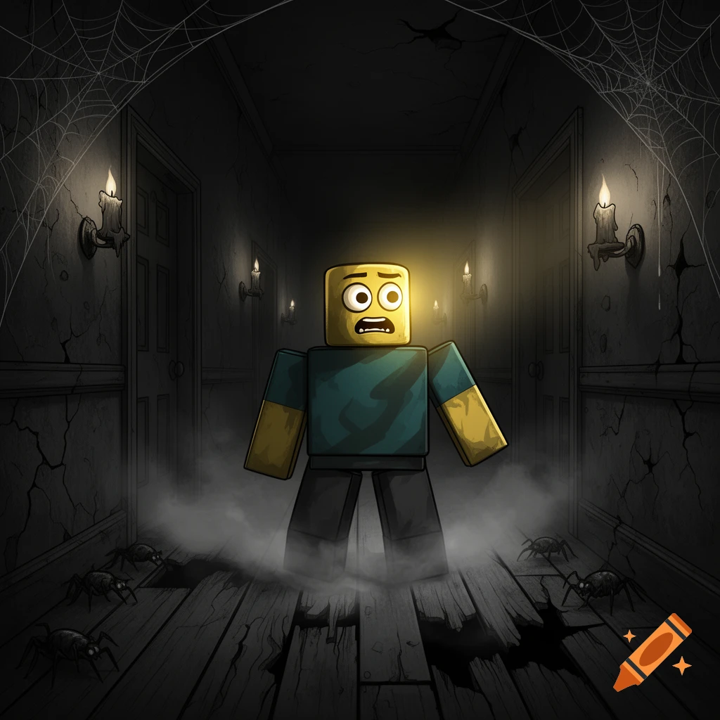 A scared Roblox noob character stands in a dark, cobwebbed hallway with glowing candles and spiders on the floor, in a cartoon style.