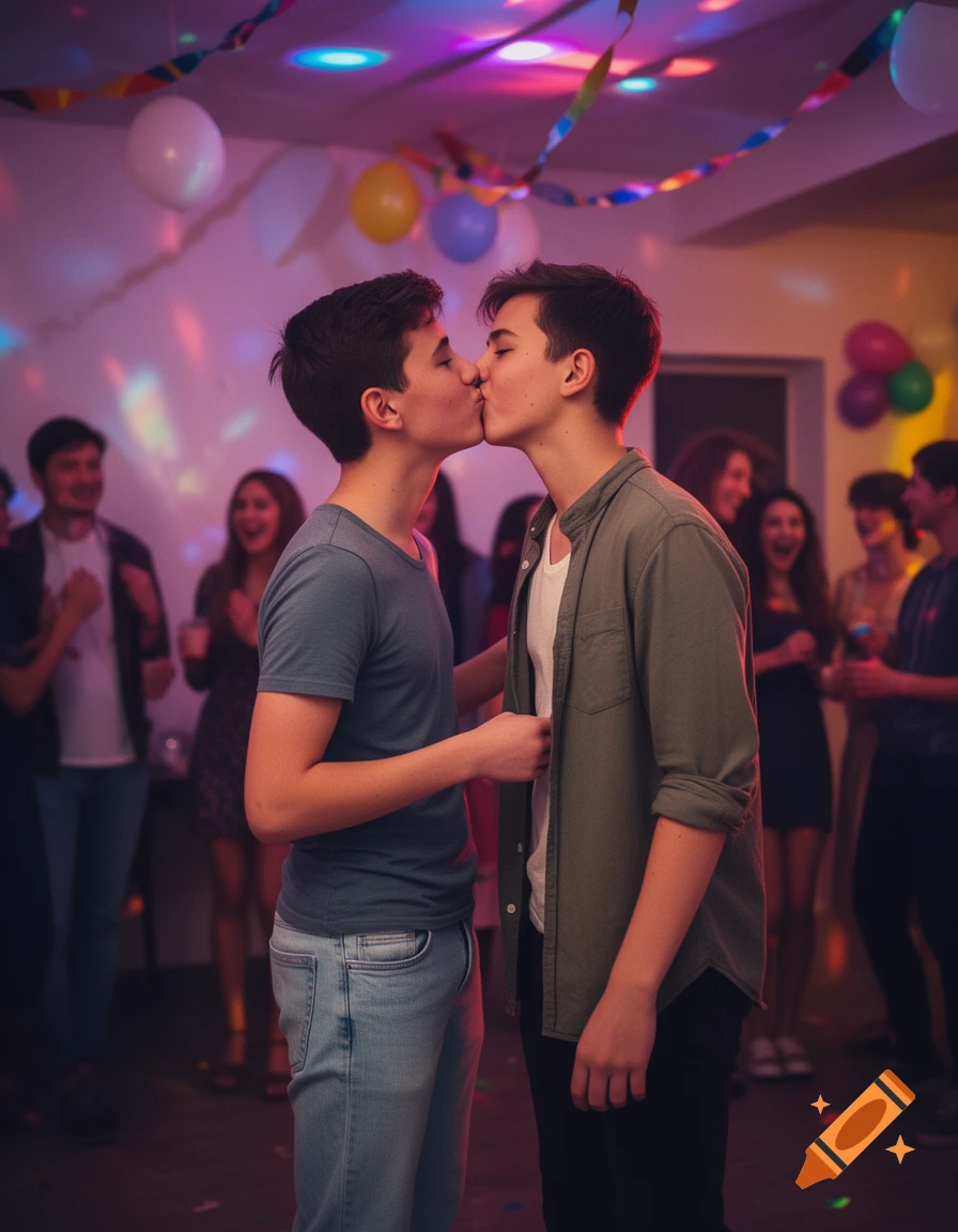 Two young men kiss passionately amidst colorful party lights and blurred figures in the background.