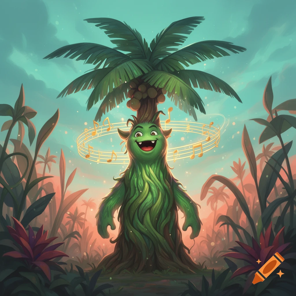A happy, green, cartoon palm tree monster with musical notes floating around its head, stands in a lush jungle.
