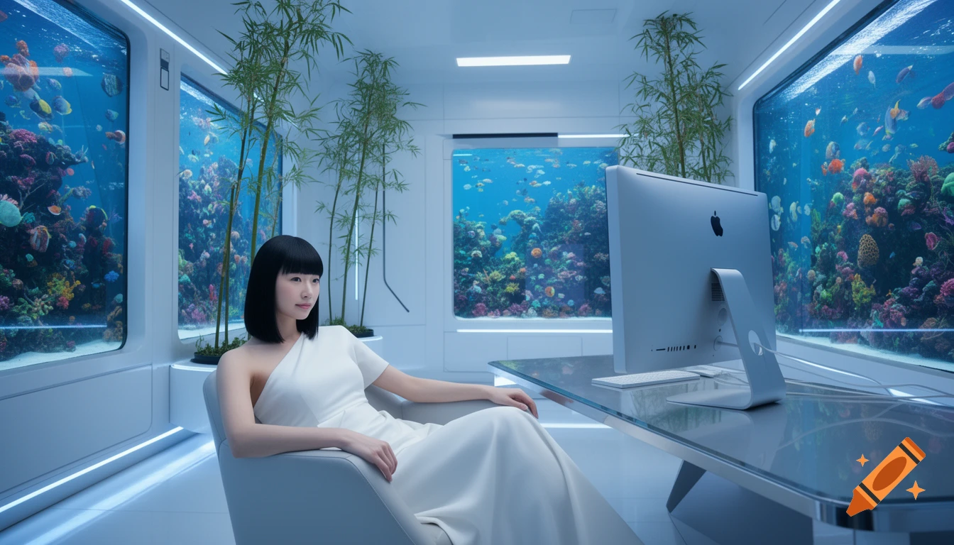 A Japanese woman lounges in a futuristic room with large aquariums and bamboo, next to a desktop computer.