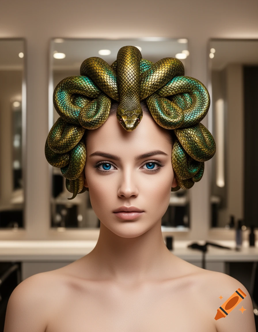 Photorealistic portrait of a woman with vibrant blue eyes and bare shoulders, her hair an elaborate arrangement of golden-green snakes.