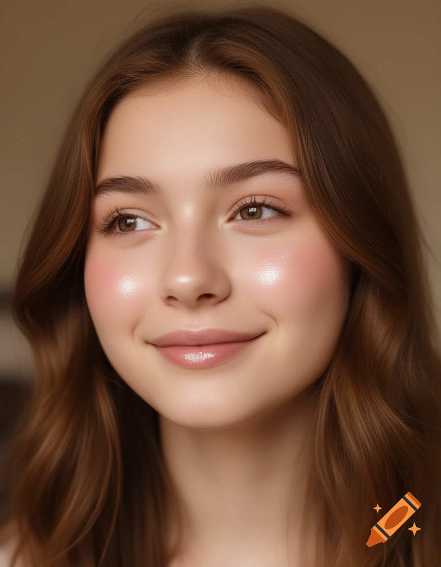 Close-up photorealistic portrait of a smiling teenage girl with long brown hair and natural makeup.