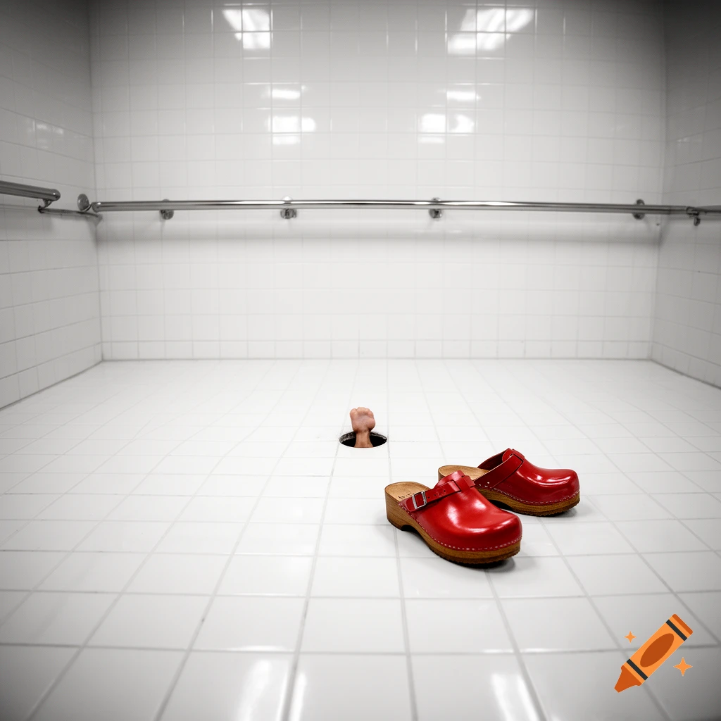 A surreal image of a clenched fist emerging from a small hole in a white tiled floor, with a pair of red clogs next to it in a minimalist white room.