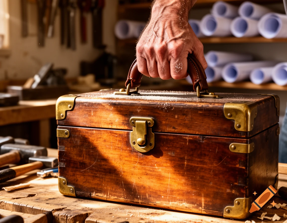 A strong hand carries a vintage wooden carpenter's toolbox with brass details in a sunlit workshop.