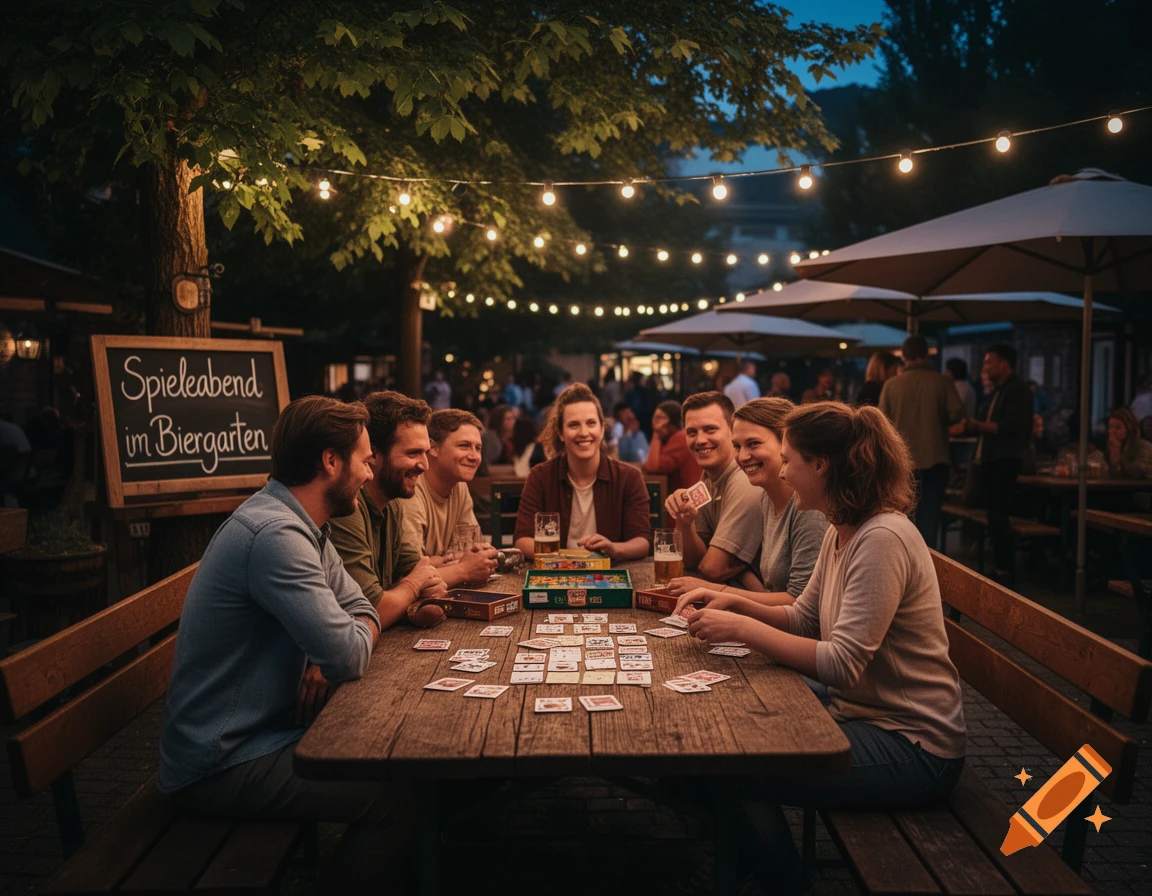A diverse group of friends happily playing card and board games at a lively, string-lit outdoor beer garden at night.