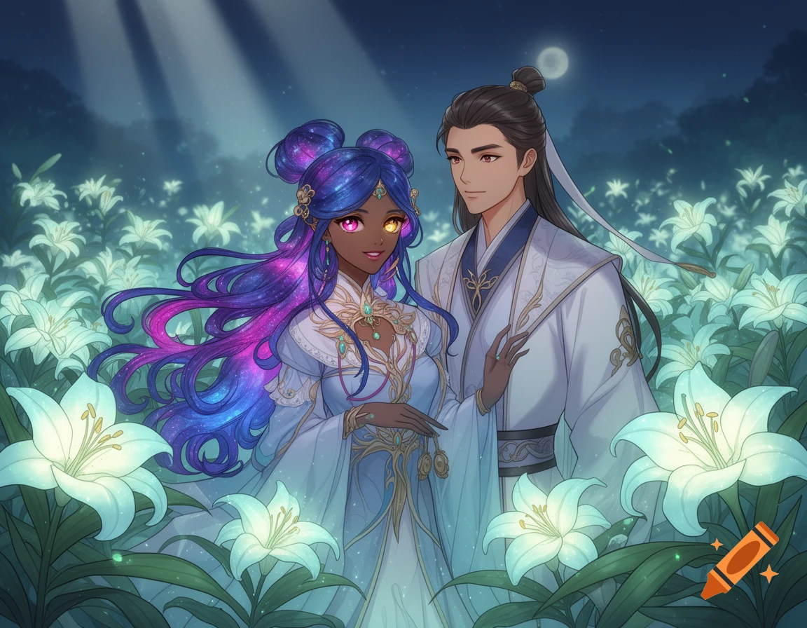 A Black woman with galaxy hair and an Asian man stand in a moonlit field of glowing white lilies, in a fantasy anime style.
