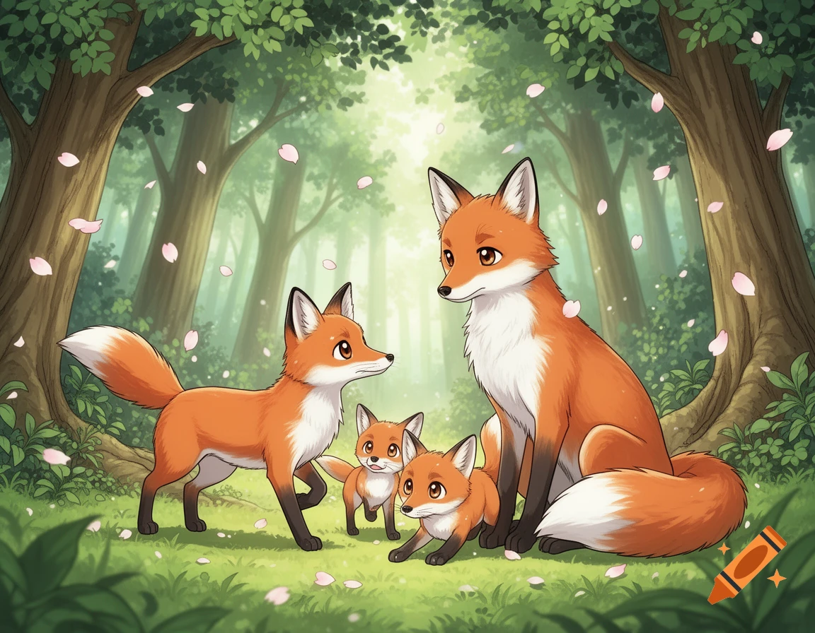 A family of four cartoon foxes, two adults and two kits, stand in a bright, lush forest with pink petals falling, in a manga style.
