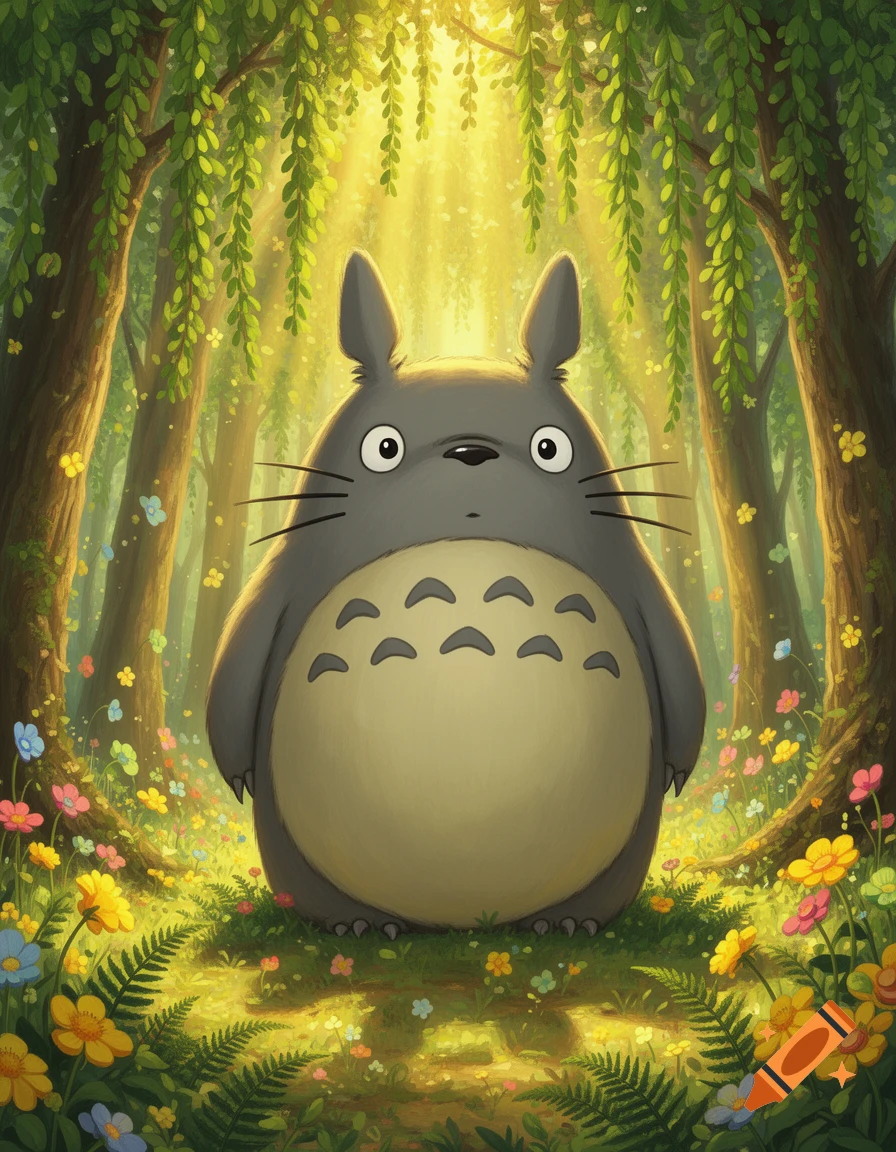 A large, grey Totoro stands in a vibrant, sunlit forest clearing filled with colorful wildflowers and ferns, with light streaming through green leaves.