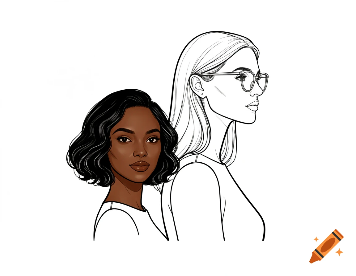 Illustration of two women, one with dark skin and short wavy hair, partially colored, beside a line art profile of a woman with glasses.
