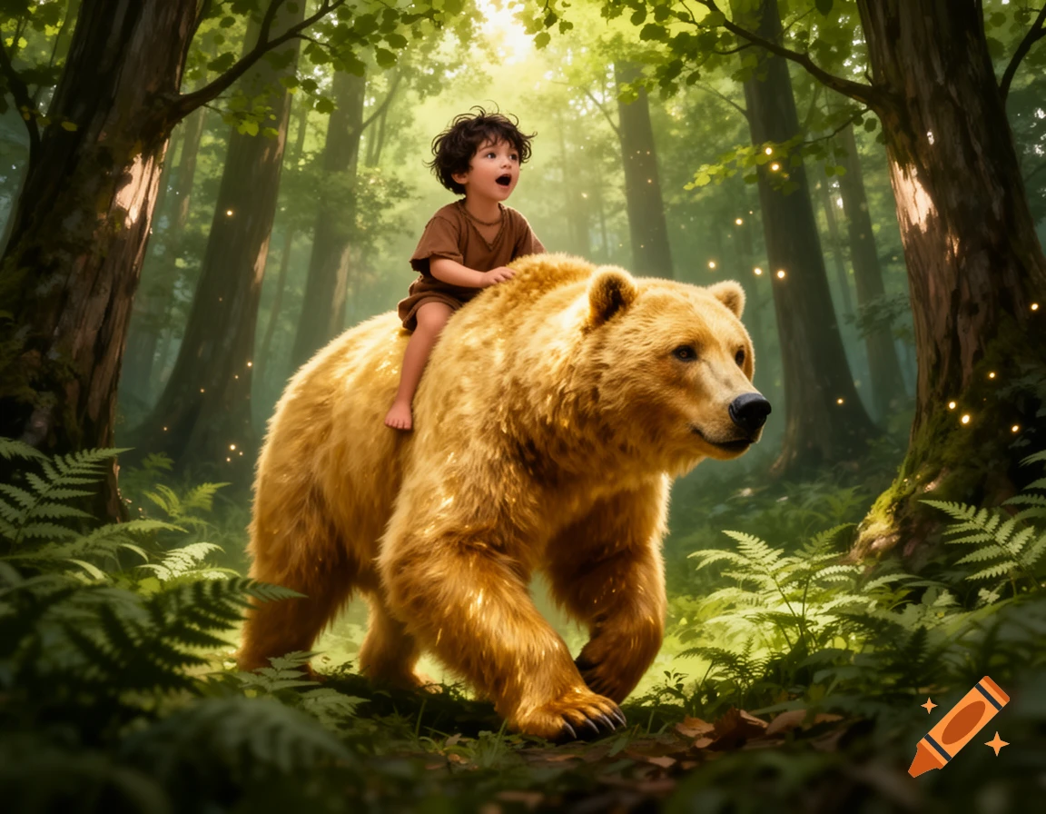 A young boy with curly hair rides a large golden bear through a sunlit, mystical forest with glowing lights.
