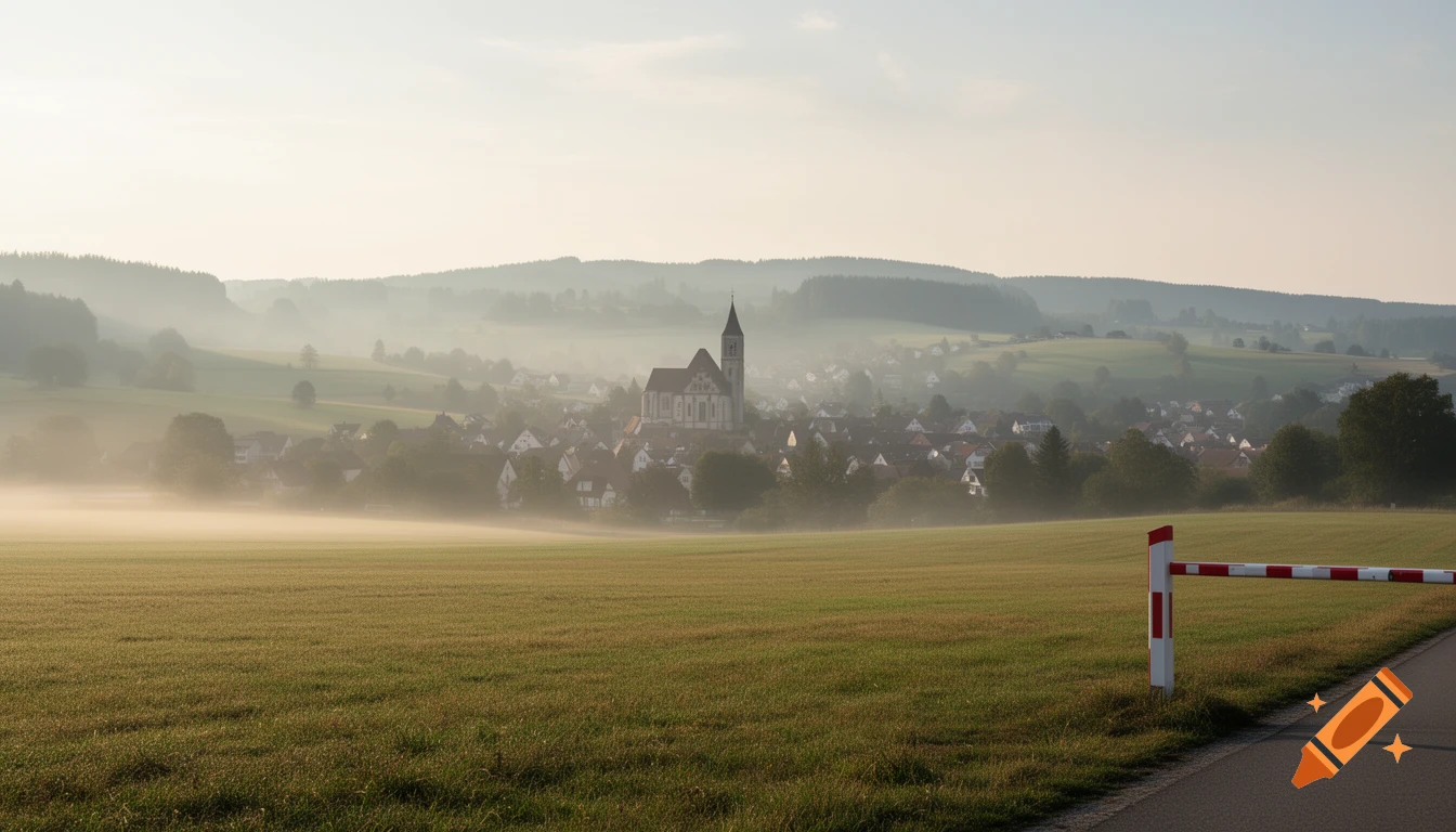 Photorealistic landscape of a misty rural village with a church and fields at dawn, a red and white barrier on the right.
