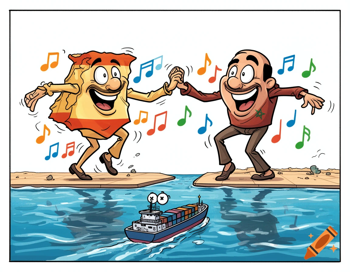 Cartoon of anthropomorphic Spain and Morocco dancing over the Strait of Gibraltar, a cargo ship below, in a clean line art style.