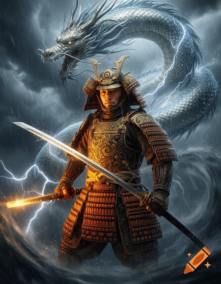 A samurai warrior in elaborate armor holds two swords, one glowing, with a majestic dragon coiling behind him in a stormy, lightning-filled sky.
