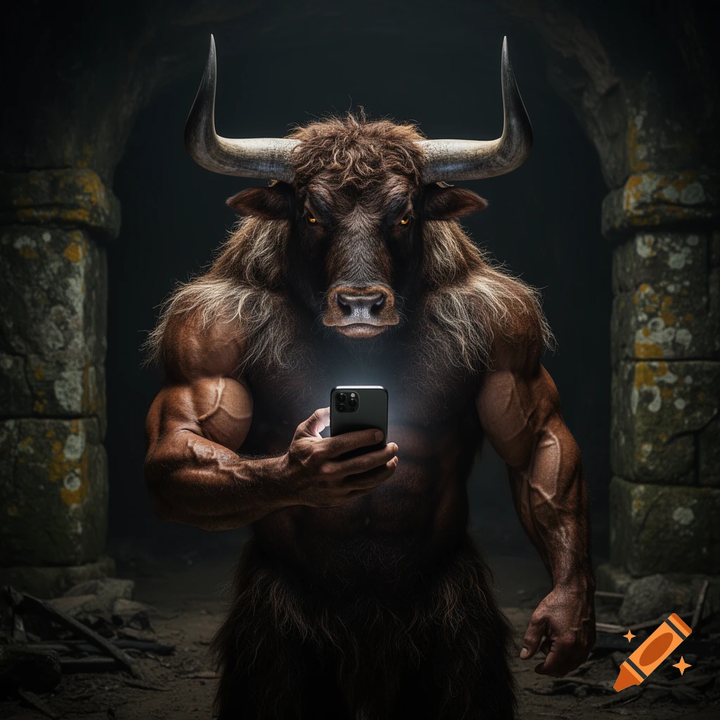 A muscular, hairy Minotaur with glowing eyes holds a glowing smartphone in a dark, ancient stone chamber.
