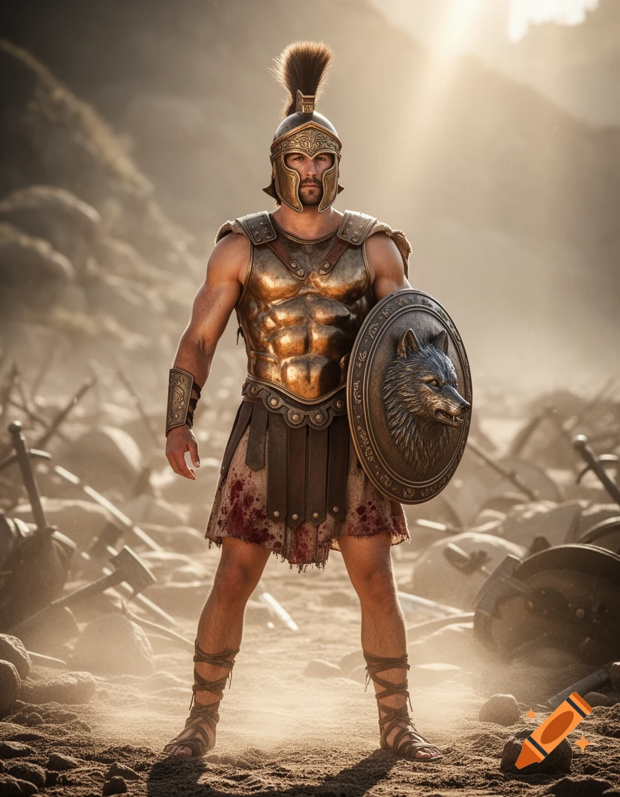 A muscular Spartan-like warrior in bronze armor and plumed helmet stands on a dusty battlefield, holding a shield with a wolf's head.
