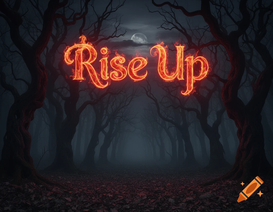 Fiery 'Rise Up' text illuminates a dark, haunted forest under a full moon.