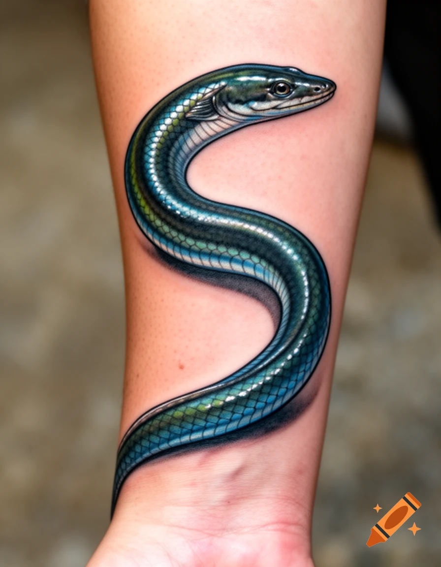 Photorealistic tattoo of an iridescent blue and green eel-like creature with scales on a person's arm.