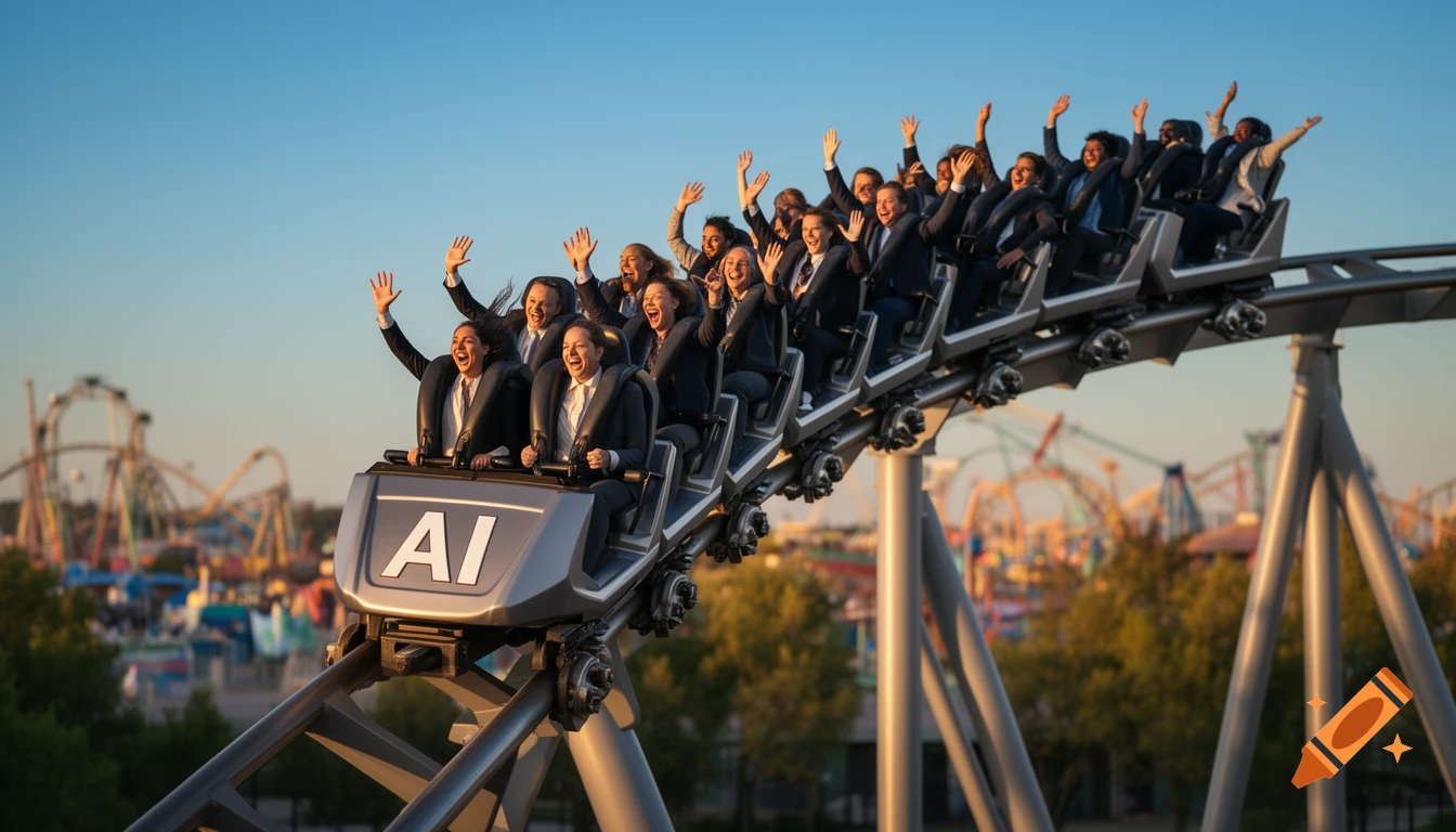 Excited investors in suits ride a roller coaster labeled 'AI' with their arms up, set against an amusement park background.
